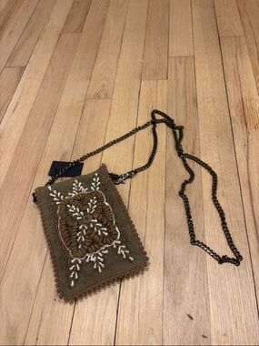 Olive Green Embroidered Crossbody Bag with Chain Strap